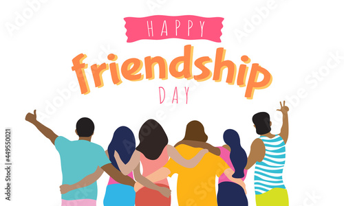Flat Happy friendship day web banner with various groups of friends hugging together for special occasion celebration. EPS10 vector.