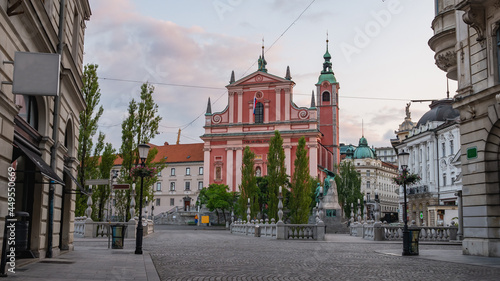 View of the Church of the Annunciation in Ljubljana and Prešeren Square. Center of Ljubljana in Slovenia. photo