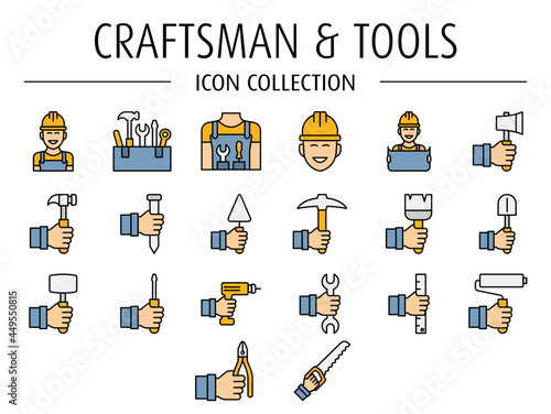 Craftsman and tools flat icon set