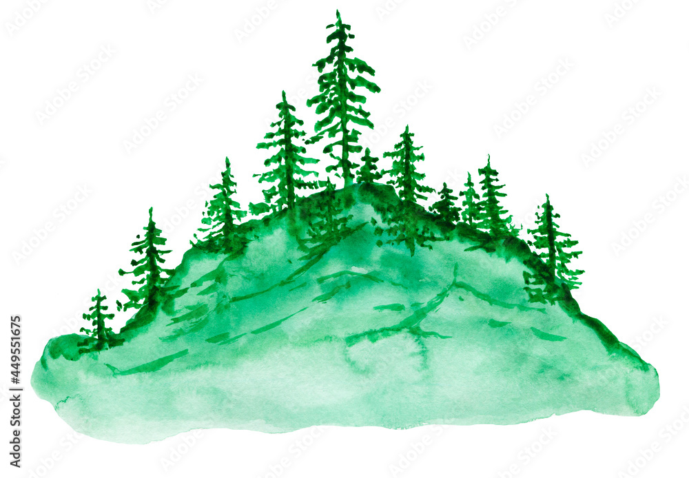 Mountain landscape and rivers, forest, Christmas trees.watercolor drawing, Elements of a landscape with mountains.Natural landscape mountains and river watercolor illustration. Watercolor hand-drawn .