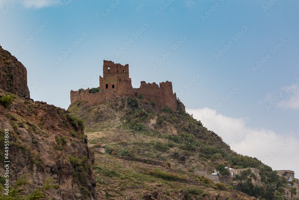 Sumara Castle on the highest mountains of Ibb Governorate, Yemen. Historic castle