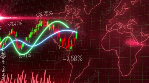 3D Motion of red green candle stick graph chart of stock market trading with animated world map background, Bullish Bearish stock point. Economy trend charts for business. Financial investment concept