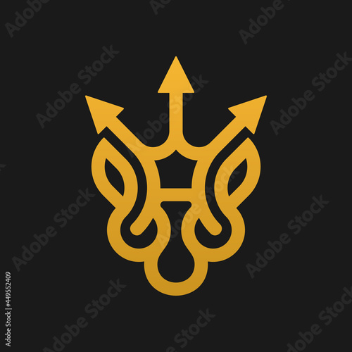Lion Trident Monoline Modern Creative Logo, Lion face with trident luxury creative logo, Lion Trident Crown Logo Design Vector illustration template