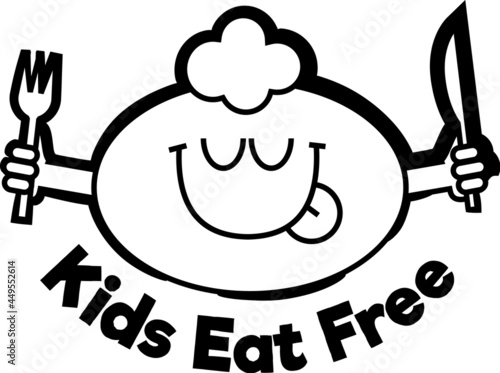 kids eat free black sign. Funny cartoonish kid face licking lips with closed eyes, enjoying good food. Holding fork and knife.