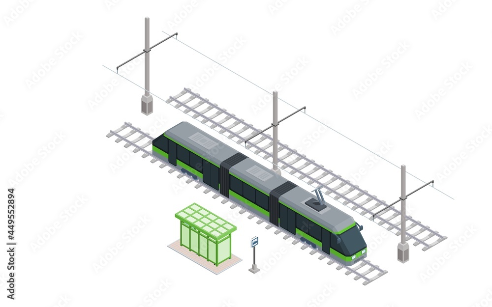 modern green tram at a stop on the rails isometric modern green tram at a stop on the rails isometric