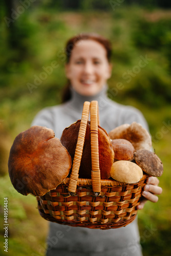 Close-up of edible mushrooms in a wicker basket held in the hands of a blurry girl. Selective focus.