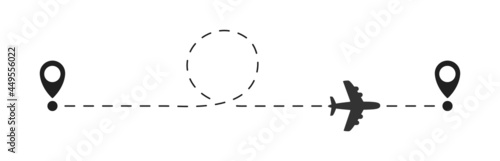 Airplane path vector icon, route dotted line, with start point and end, isolated on white background