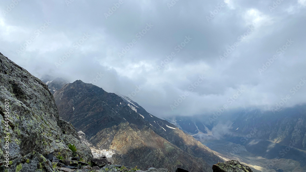 Hike across the Caucasus. Mountain landscape of North Ossetia. Mountains, rocks, hills