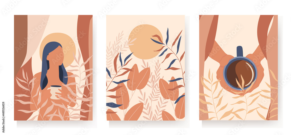 A set of posters with an abstract female figure with coffee, sun, plants. Portrait of a woman in a fashionable minimalism style, a silhouette without a face. Vector for a cover, flyer or wall decor.