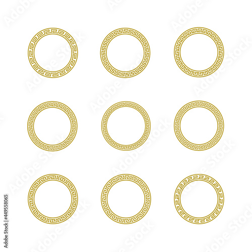Set of Ancient Greek Circle Pattern. Seamless Greek Key Round Frame. Antique Gold Decorative Meander Circle Collection.