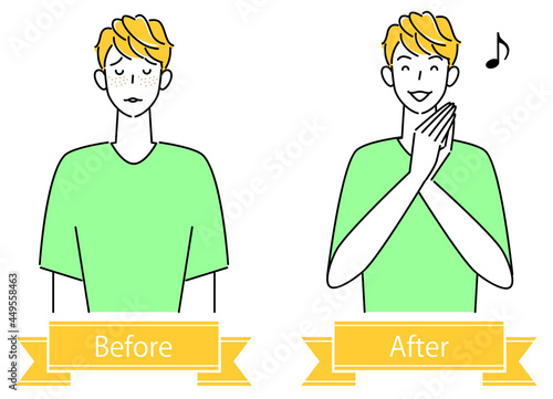 スキンケア 顔のお肌トラブル"シミ・そばかす"のビフォーアフター 可愛い男性のイラスト ベクター