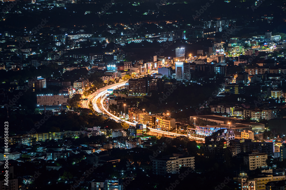 long exposure traffic lights from a car,Tourist landmarks
doi Suthep viewpoint, Chiang Mai, Thailand, Asia region after sunset,
Starlight from the city at night scape.