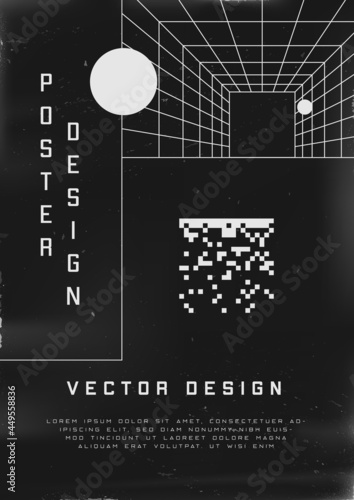 Retrofuturistic poster design. Cyberpunk 80s style poster with perspective tunnel and pixel 8bit square. Shabby scratched flyer template for your design. Vector