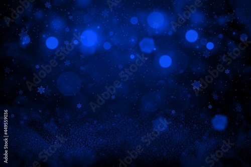 blue cute bright glitter lights defocused bokeh abstract background with falling snow flakes fly, festal mockup texture with blank space for your content