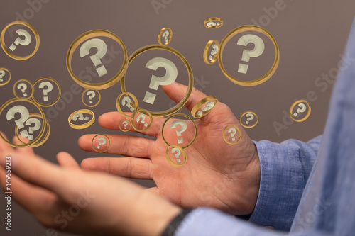 Businessman solving problem with digital question marks 3D rendering