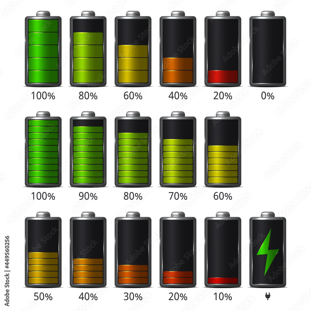 Set of battery charge level indicators. Objects are isolated on white background. Vector illustration. Set of battery charge level indicators. Objects are isolated on white background. Vector illustration.