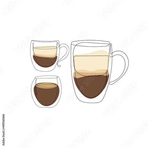 A set of cups of coffee, latte, cappuccino drawn by a continuous line. Continuous line with color complement. Sketch, line art, vector isolated illustration.