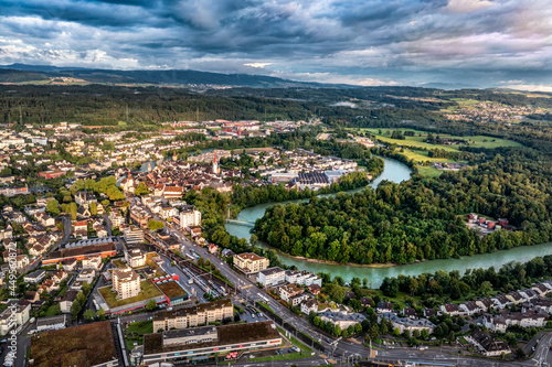 aerial view of a traditional swiss city with river 