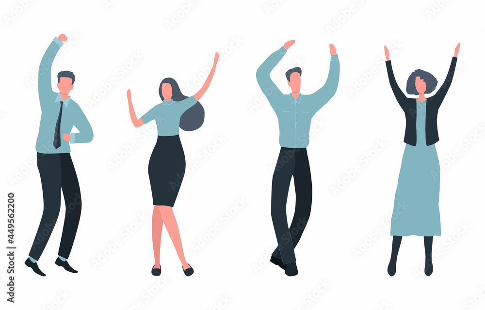 Fototapeta premium Happy office workers are celebrating the victory. Employees are dancing and jumping. Icons of business people. Vector illustration on a white background