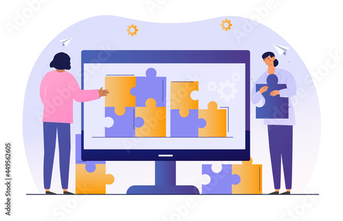 People connecting puzzle elements. Technical support solve problem on remote device. Digital era service. Flat abstract metaphor cartoon vector concept. Isolated on white background
