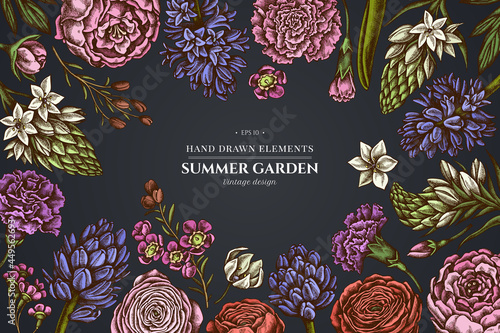 Floral design on dark background with peony, carnation, ranunculus, wax flower, ornithogalum, hyacinth