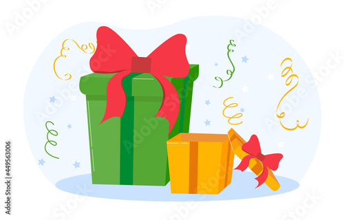 Surprise gift box for happy birthday celebration party, loyalty program reward. Merry Christmas and New Year. Flat cartoon illustration vector concept simple style design isolated on white background