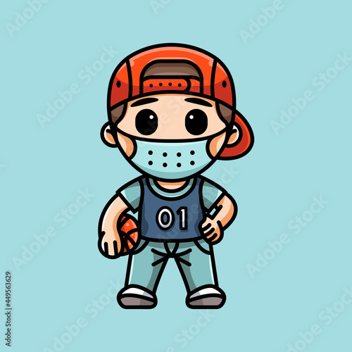 cute basketball player with mask for character, icon, logo, sticker and illustration. © Andco Studio