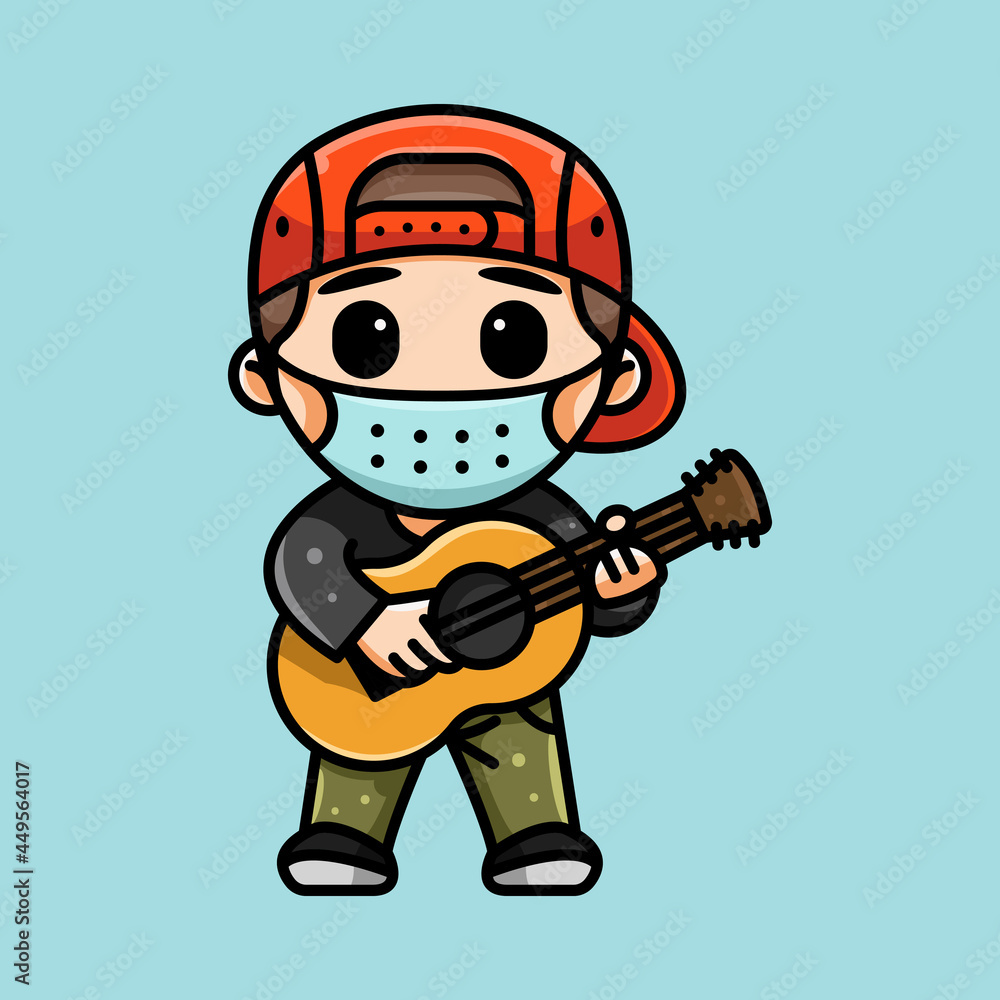 cute guitarist with headphone and mask for character, icon, logo, sticker and illustration. cute guitarist with headphone and mask for character, icon, logo, sticker and illustration.