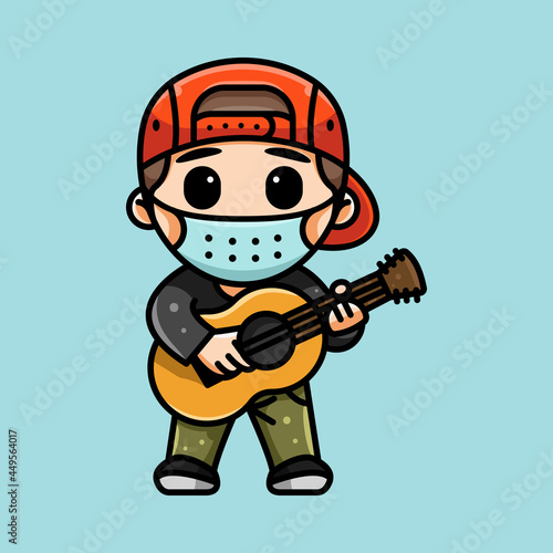 cute guitarist with headphone and mask for character, icon, logo, sticker and illustration.