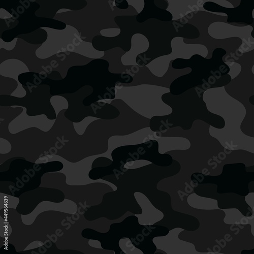 black Camouflage seamless pattern. Trendy style camo, repeat print. Vector illustration. Khaki texture, military army hunting