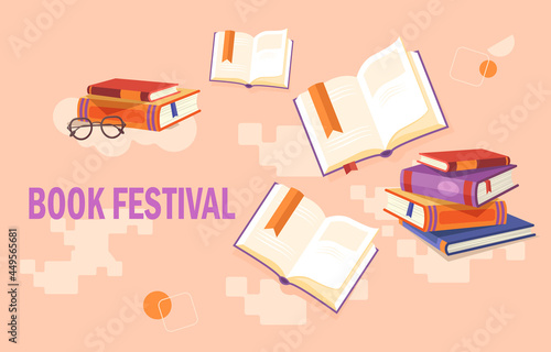 Hand drawn object for read lovers. Reading motivation composition lettering book festival. Template for a library. Flat abstract metaphor cartoon vector concept design isolated on white background