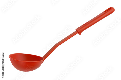Red plastic ladle with a long handle