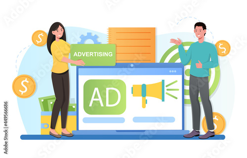 Business promotion, adv content manager create explosive product advertising campaign, website analytics. Flat abstract metaphor cartoon vector illustration concept design isolated on white background