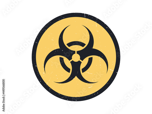 Biohazard warning black and yellow sign in circle shape with transparent scratched grunge texture