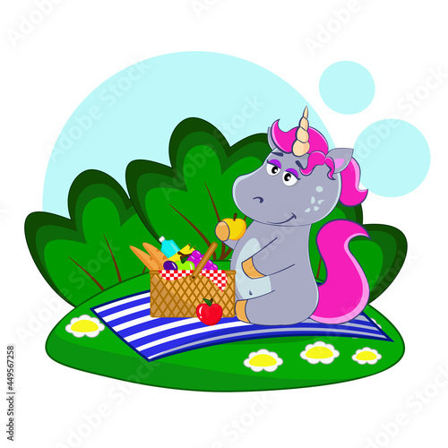 Cartoon unicorn on a picnic outdoor