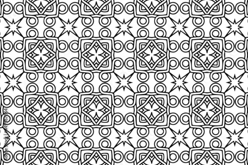 Ethnic pattern, geometric background. Oriental, Asian, Indian handmade style, elegant unique ornament. Black white template for creativity, coloring, design. 