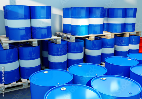 Blue barrels for oil storage. Warehouse is filled with metal barrels on pallets. Chemical Industry. Chemical warehouse with oils. Containers for toxic oils. Toxic barrel 3d in blue. Warehouse storage