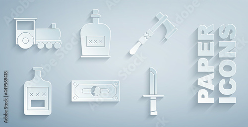 Set Stacks paper money cash, Tomahawk axe, Whiskey bottle, Military knife, Alcohol drink Rum and Retro train icon. Vector