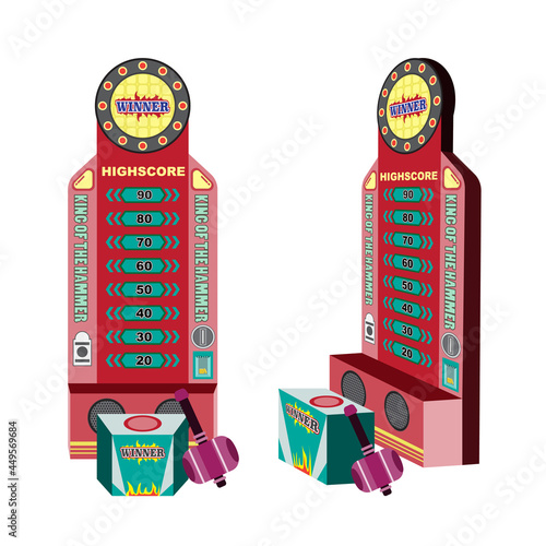 Red electronic high striker strength tester strongman game attraction machine with hammer isolated on white background. strength tester. carnival game. Vector, illustration photo