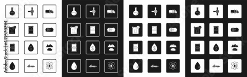 Set Tanker truck, Barrel oil leak, Eco fuel canister, Oil petrol test tube, industrial factory building, Industry pipes and valve, Oilfield and icon. Vector