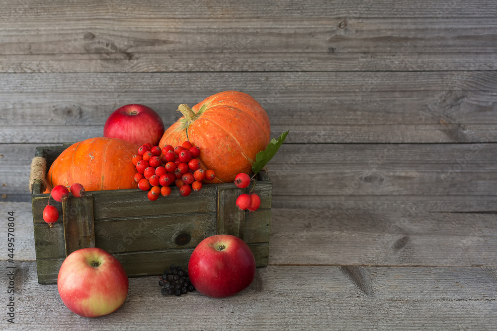 Pumpkin, apple, red berries in a box on a wooden horizontal background. Autumn composition. Pumpkin, apple, red berries in a box on a wooden horizontal background. Autumn composition.