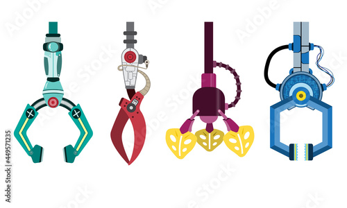 Robotic Claw set on a white background. Grip robotic claw in factory. Cartoon concept Vector illustration of the claw game device.