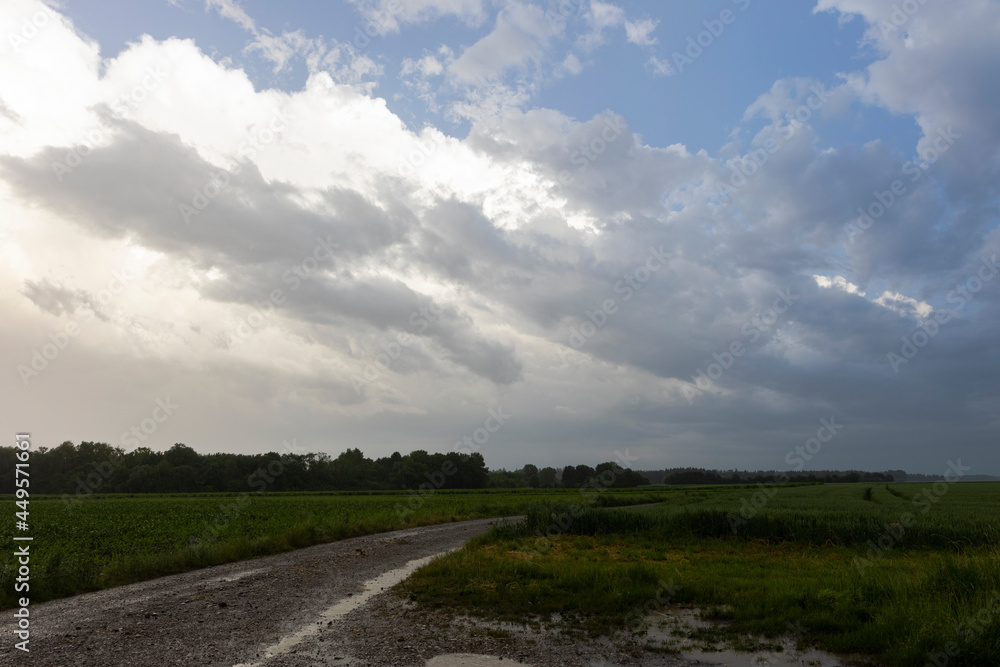 Rain and storm clouds darken the sky over a country lane near Bergheim