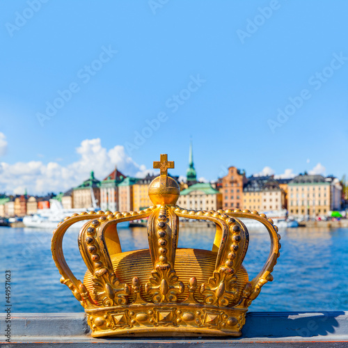 Golden crown on Skeppsholm bridge in Stockholm