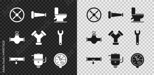 Set Industry valve, metallic pipe, Toilet bowl, Broken with leaking water, Electric boiler for heating, Water meter, and and icon. Vector