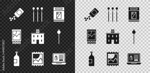 Set Medicine bottle and pills, Matches, Cigarettes pack box, Alcohol drink, LSD acid mark, Buying drugs online on laptop, Open matchbox matches and Medical hospital building icon. Vector