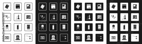 Set LSD acid mark, Hookah, Cannabis molecule, Plastic bag of drug, Buying drugs online on laptop, Open matchbox and matches and Skull crossbones icon. Vector