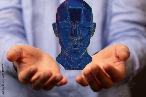 Abstract polygonal human face, 3d illustration of a cyborg head construction