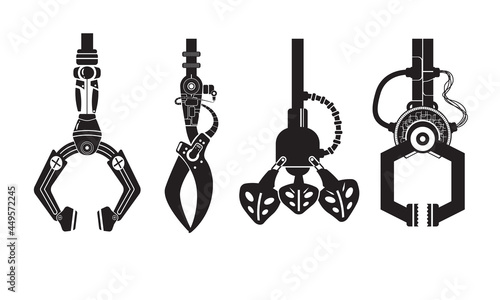 Robotic Claw game icon set on a white background. Grip robotic claw in factory. Cartoon concept Vector illustration of the claw game device.