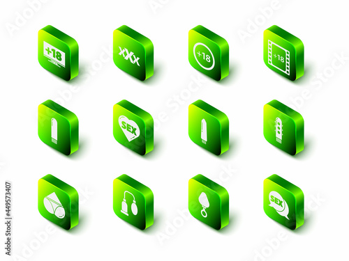 Set Sex shop, Plus 18 movie, Play Video with plus content, Dildo vibrator, Speech bubble, Anal plug and Penis pump icon. Vector